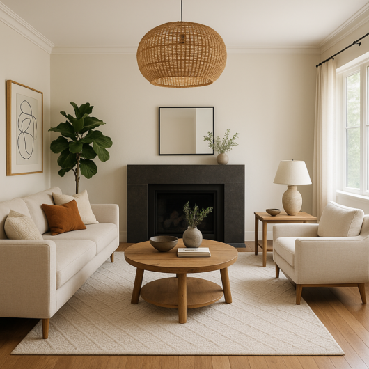 living room with sofa, centre table, fireplace, small lamp, wall hangings
