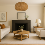 living room with sofa set, circular centre table, fireplace, a decorative plant, wall hangings