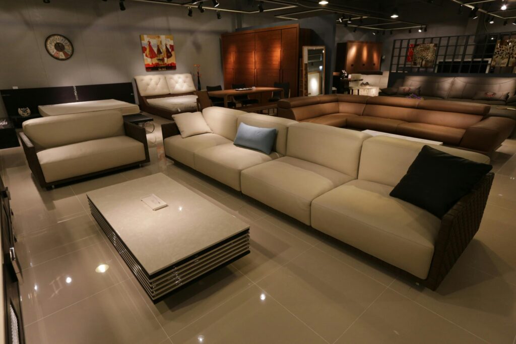 mood lights in living room with sofa set, square centre table
