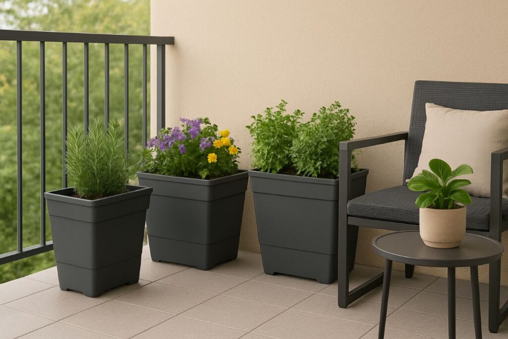 balcony garden with planters and features