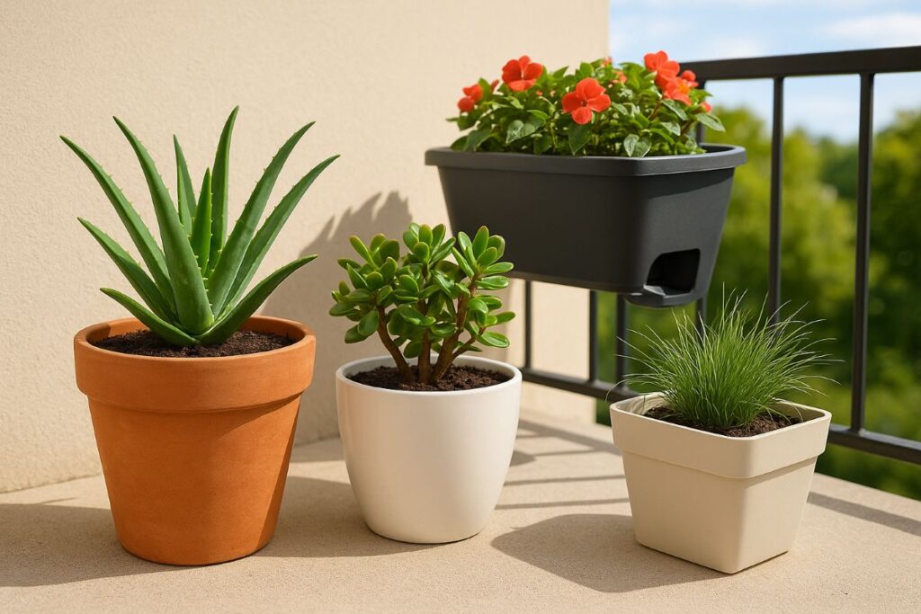 sunlit balcony with lush plants
